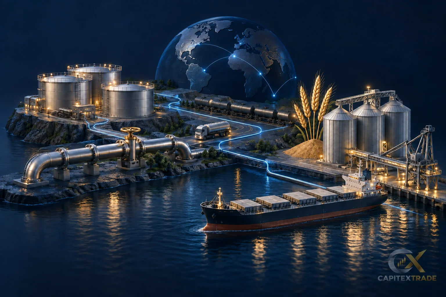 Conceptual commodity supply chain with oil tanks, a pipeline, wheat and a cargo ship