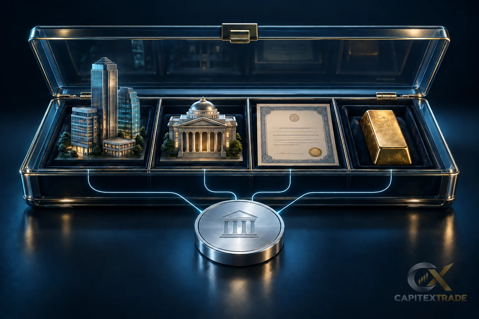 Conceptual exchange-traded fund with separate compartments for shares, bonds and gold