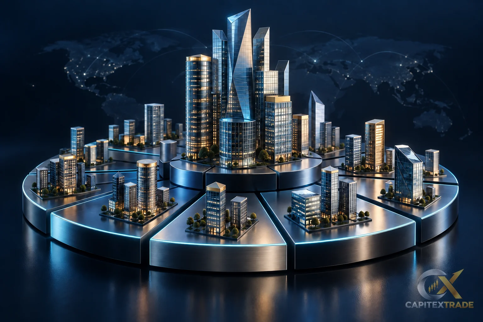 Conceptual basket of companies represented by differently sized towers on a shared platform