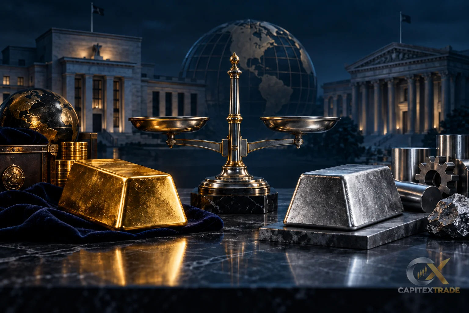 Conceptual gold and silver bars on precision scales against a financial background