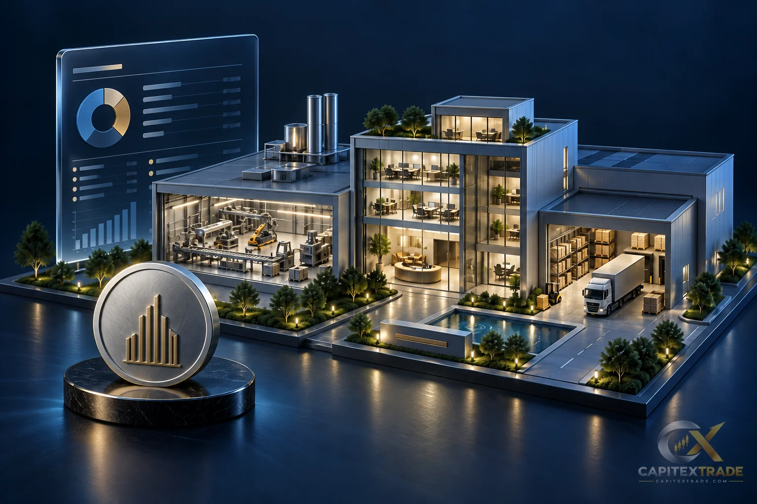 Conceptual real company operations including a factory, office and logistics chain